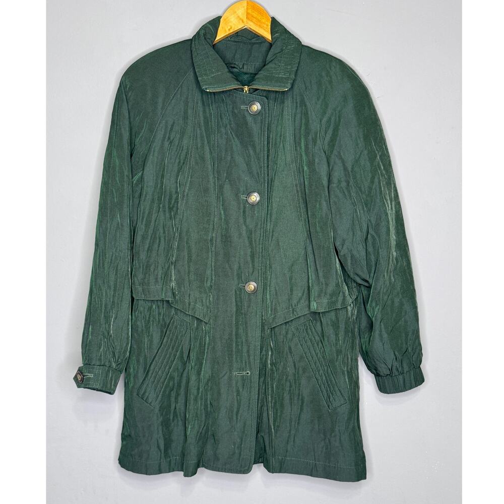 Gallery Petite Green Trench Coat Zipper & Button Size: P